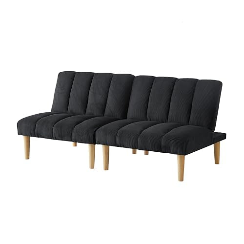 Blue Corduroy Convertible Futon Sofa Bed with Wooden Legs U254