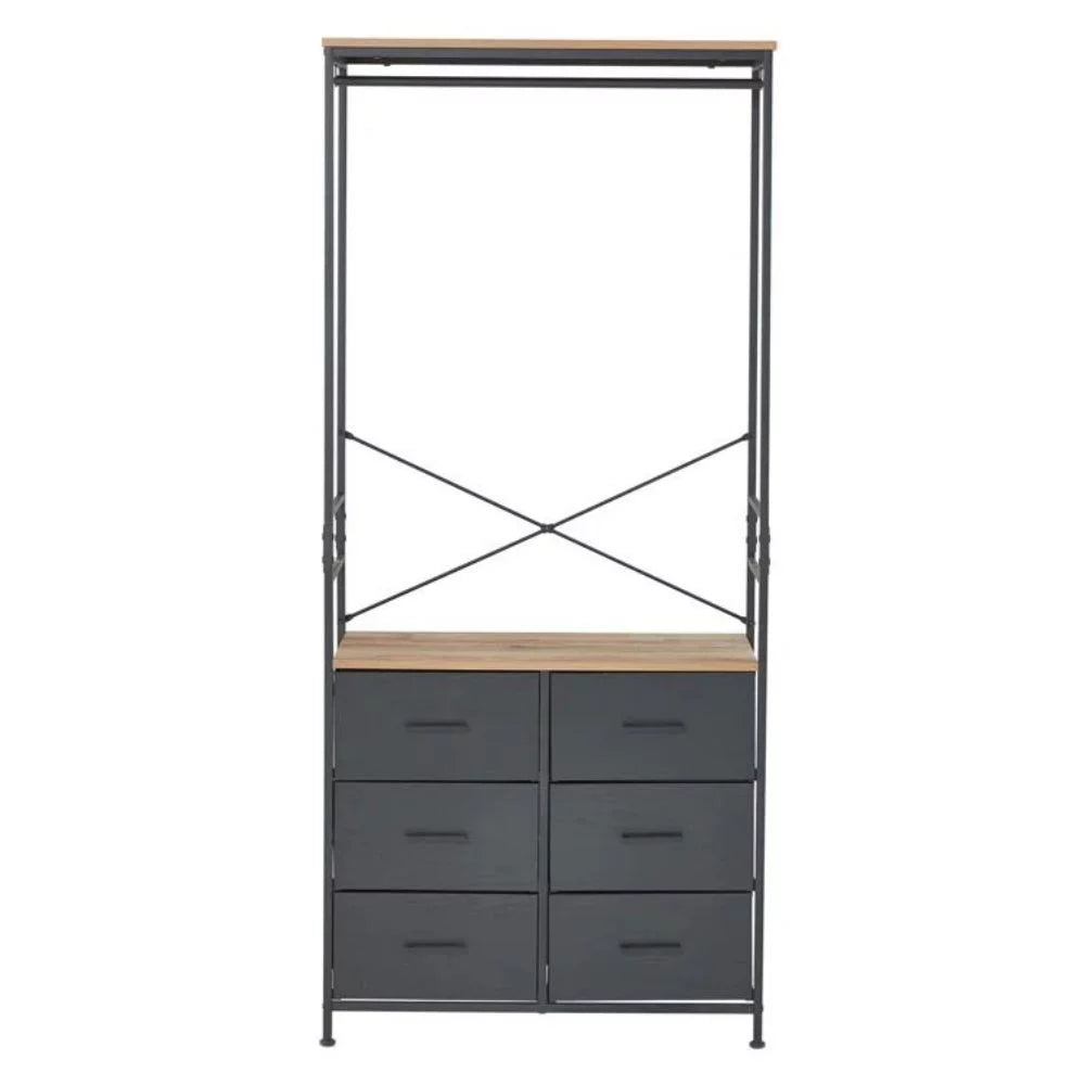 Freestanding Clothing Rack with Hanging Rod and 6 Drawer Wooden Wardrobe Armoire Y7027
