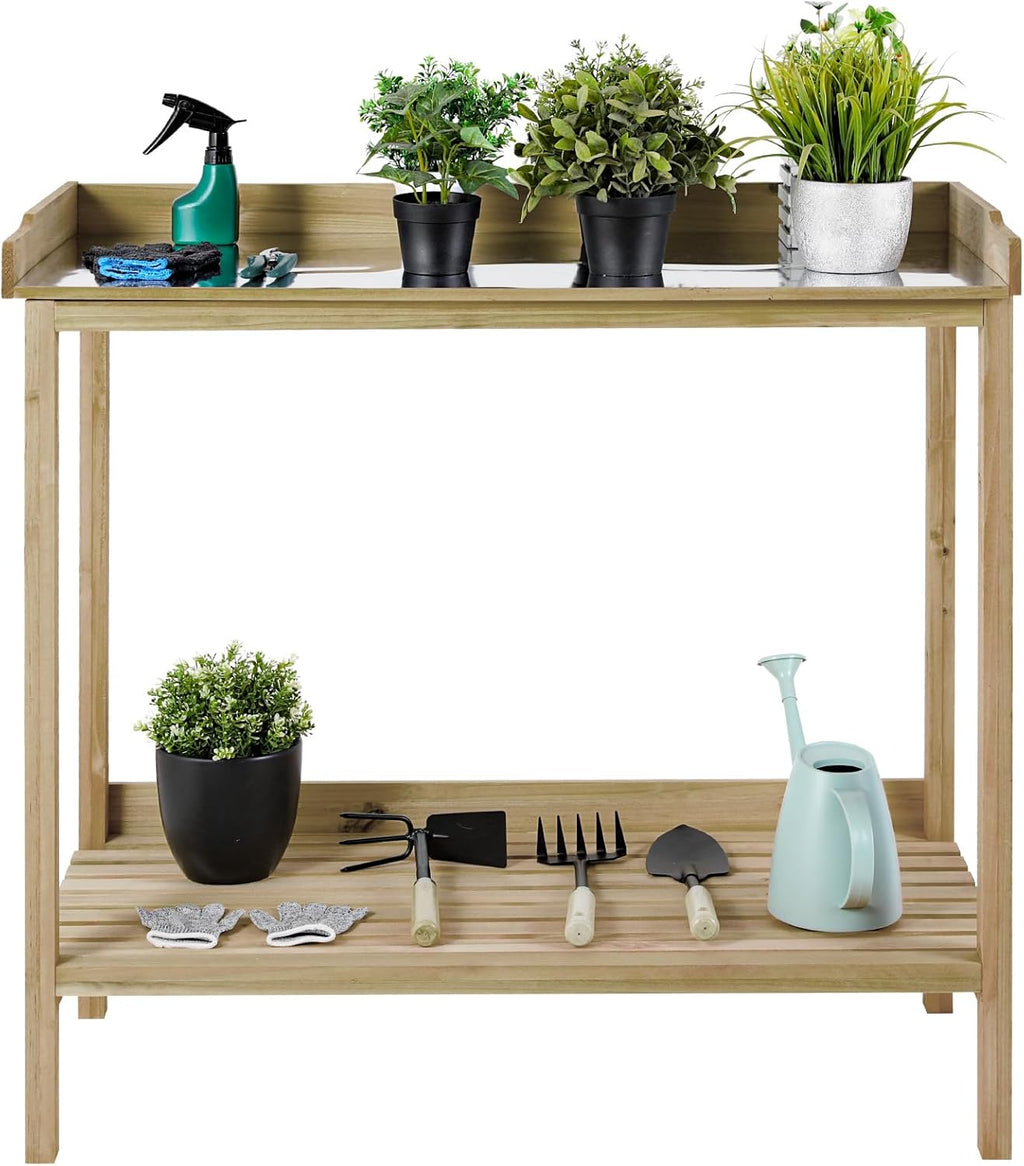 Natural Wood Potting Bench with Galvanized Iron Tabletop I853