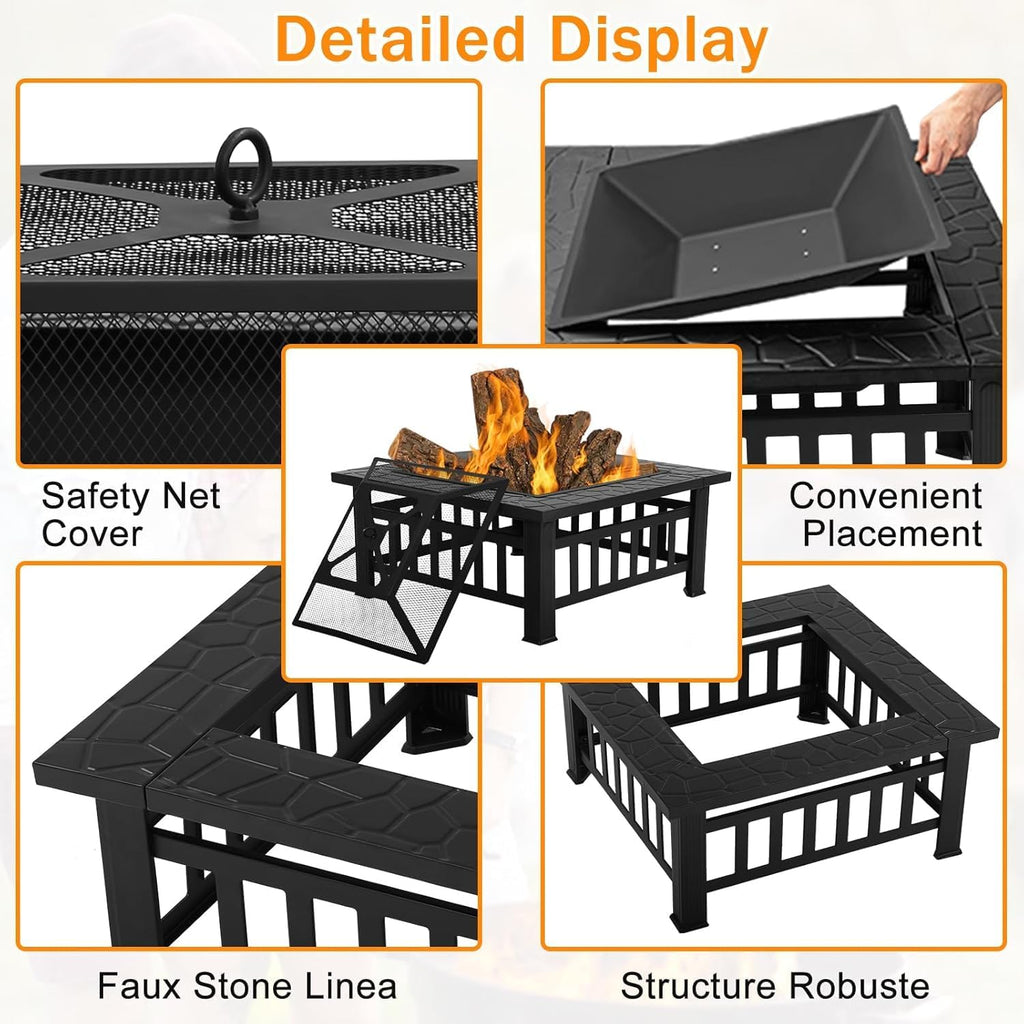 32in Square Black Metal Fire Pit F598905