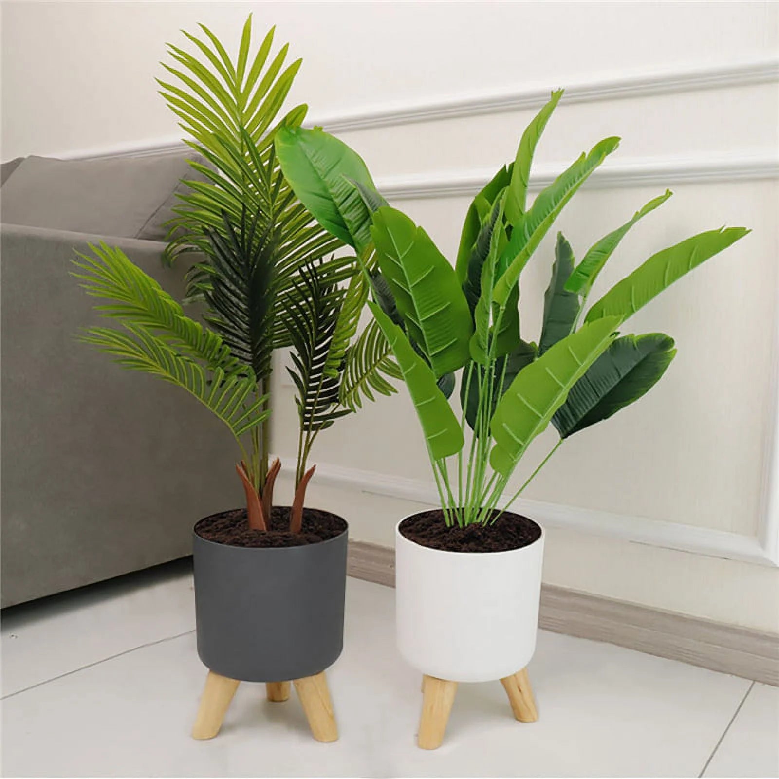 Indoor Planters Set with Wooden Legs Floor Standing Flower Pot W991253