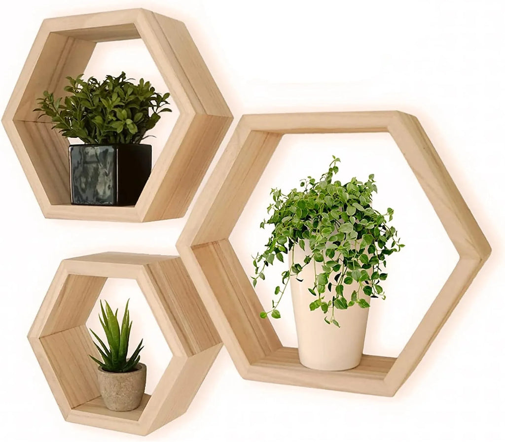 Set Of 3 Oak Hexagon Floating Shelves L75731