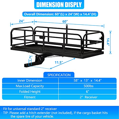 60"x24"x14.4" Folding Hitch Mount Cargo Carrier for 2" Receiver M995