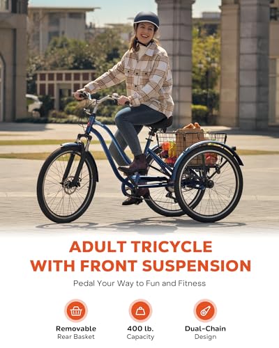 24 26 Inch 7 Speed Adult Tricycle with Front Suspension and Removable Basket R53424