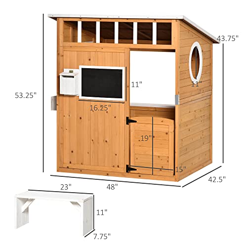 Wooden Playhouse with Working Door, Windows, Mailbox, Bench, Flowers Pot Holder, 48" x 42.5" x 53" Q180