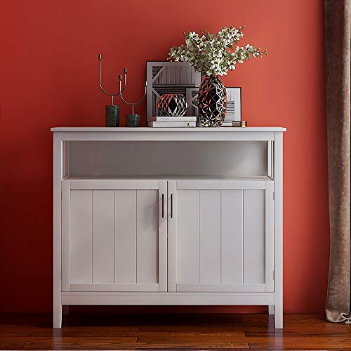 White Solid Wood Buffet Table with 2 Doors and Shelves J16327