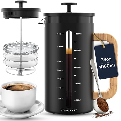 34 oz French Press Coffee Maker with Bamboo Wood Handle Borosilicate Glass K140