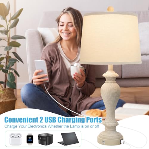 Set of 2 White Fabric Shade Table Lamps with 2 USB Ports, 3-Way Dimmable, 7W LED Bulbs H606575