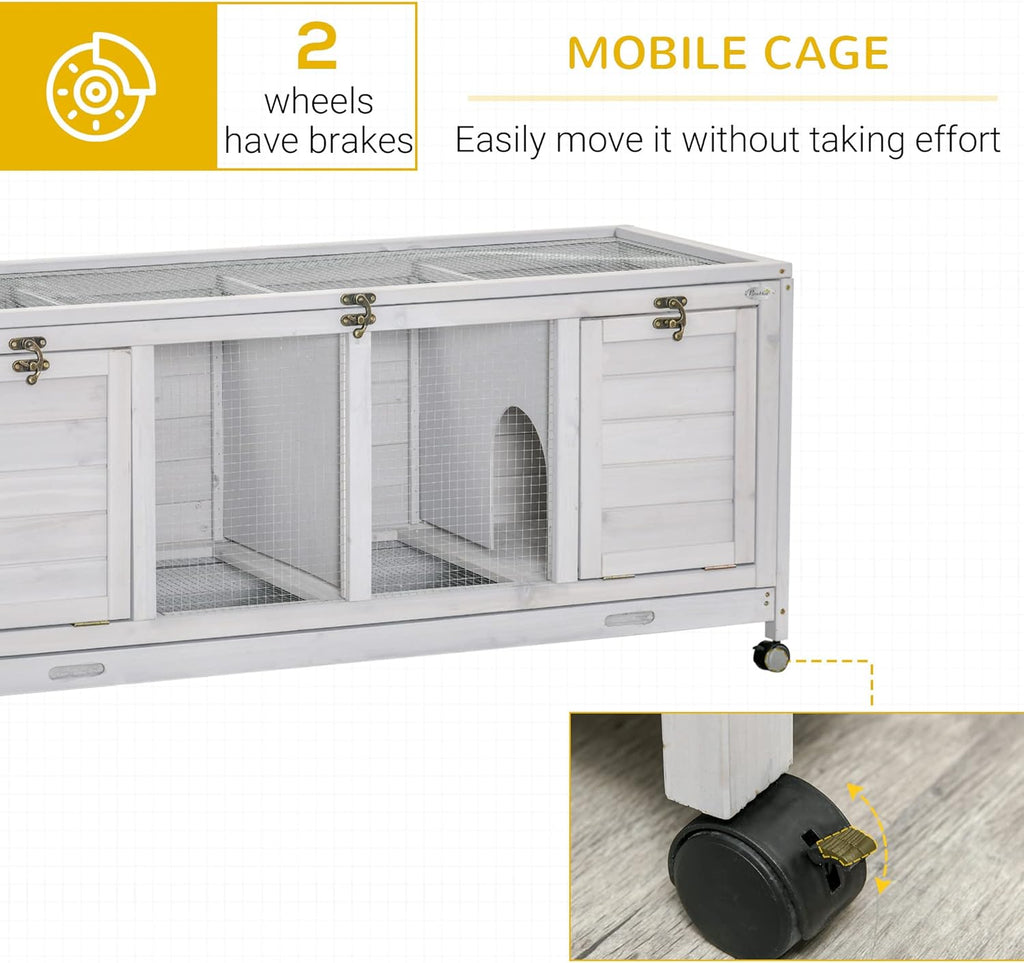 Light Gray Wooden Rabbit Hutch with Wheels and Removable Trays D2553