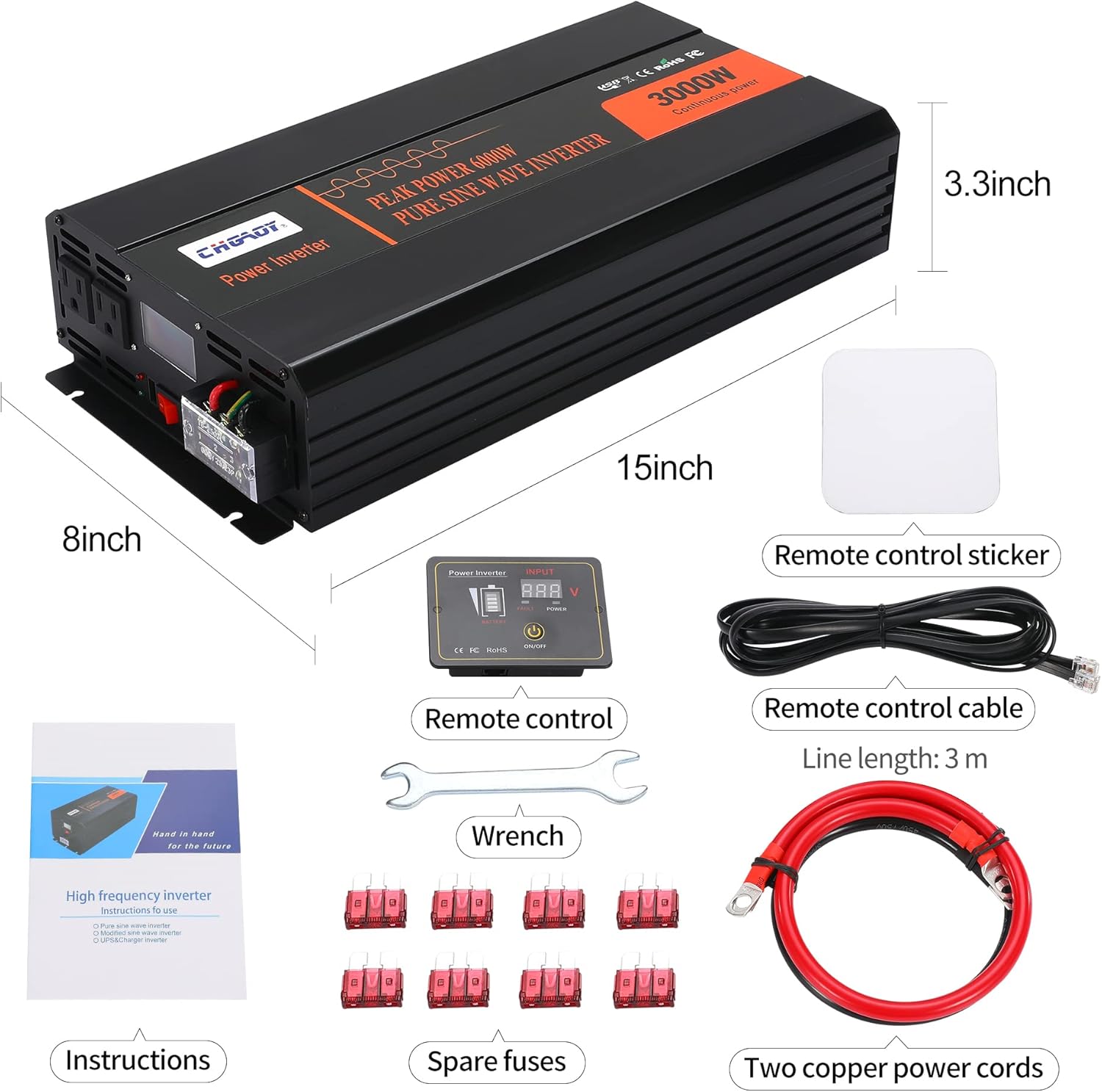 3000W Pure Sine Wave Power Inverter DC 12V to AC 120V with LCD Digital Display Remote Control USB Port Q28126