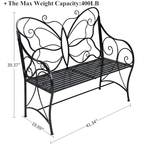 Black Cast Iron Metal Outdoor Bench with Armrests W314