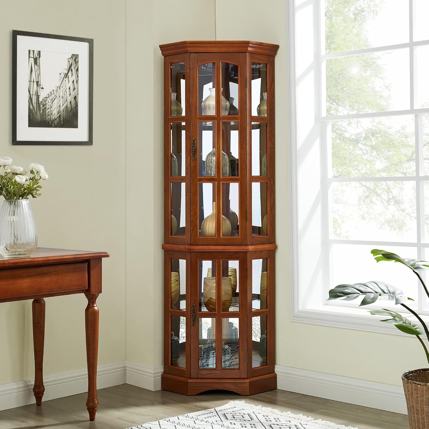 Curio Cabinet with Glass Doors, 5 Shelves, Lighting System, Oak Z375