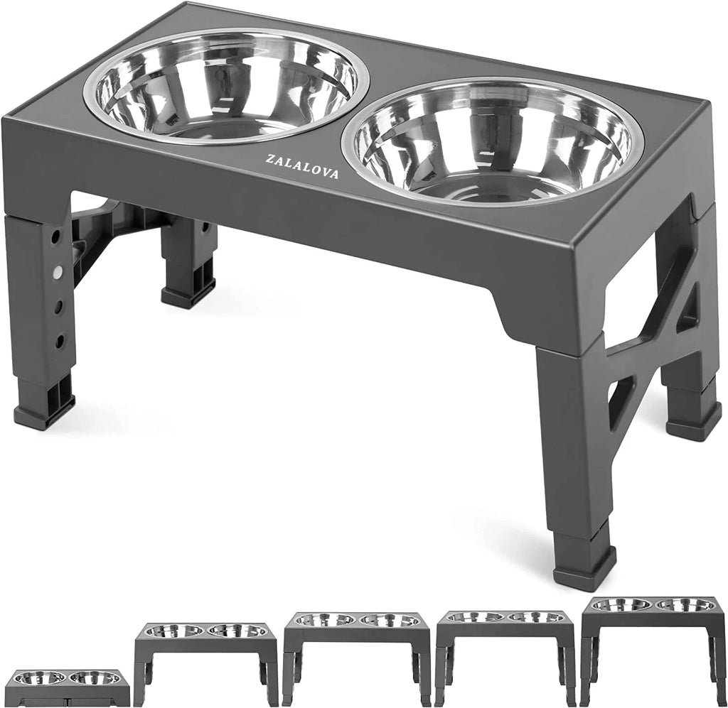 Elevated Dog Bowls Stand with 2 Stainless Steel Dishes, Raised Dog Bowl Adjusts to 5 Heights (Gray) E582