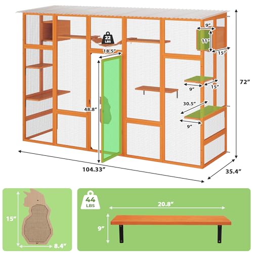 Orange Wooden Cat Enclosure with Large Door, Waterproof Roof, 104" L Extra Wide L43032