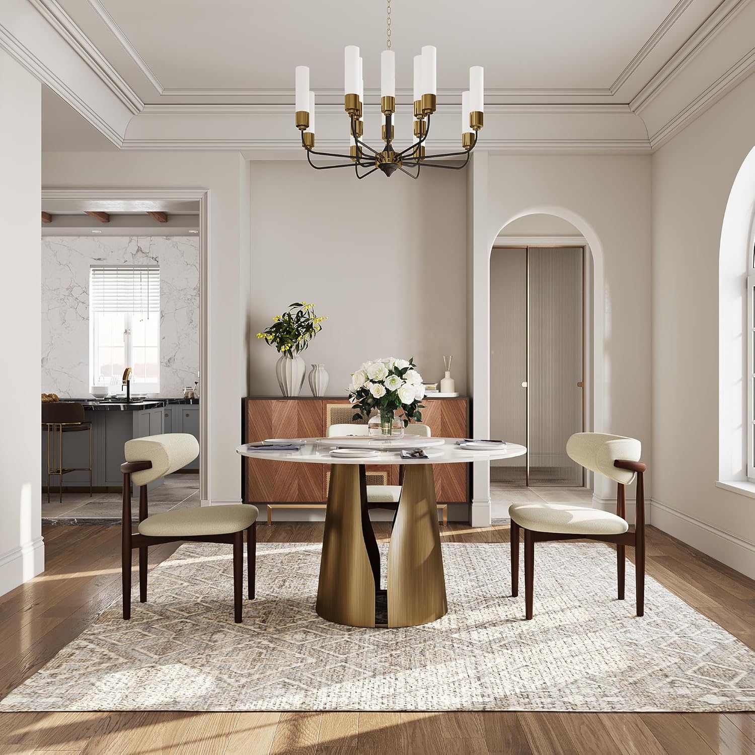 51" Glossy White Sintered Stone Top Round Dining Table with Lazy Susan L330904