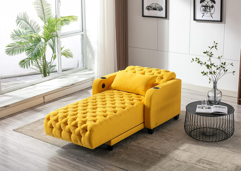 Yellow Button Tufted Single Sofa Bed with Pillow S6806