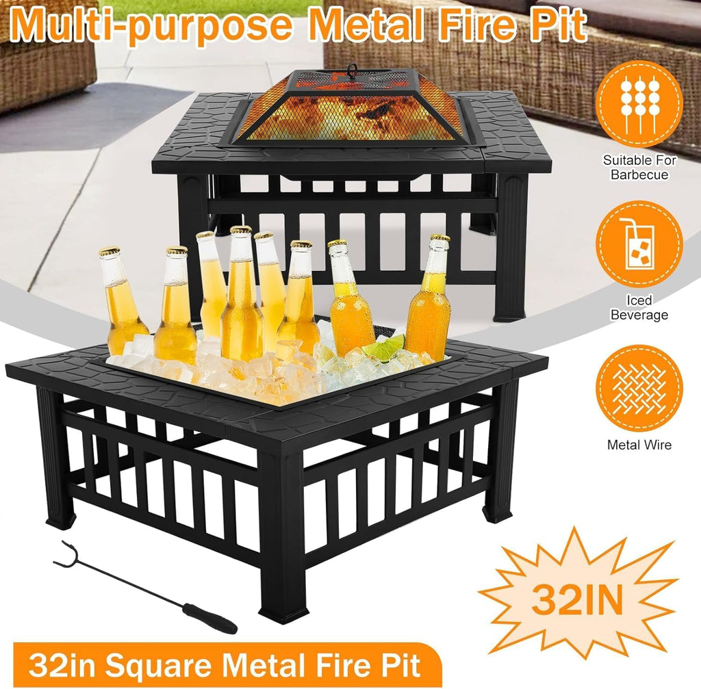 32in Square Black Metal Fire Pit F598905