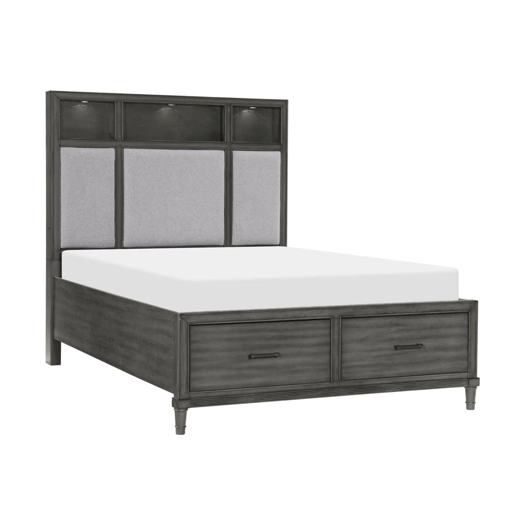 Queen Size Platform Bed with Storage USB Port Bookshelves LED Light Headboard G7376