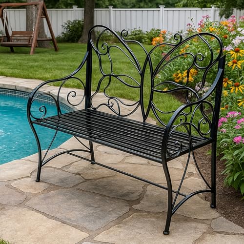 Black Cast Iron Metal Outdoor Bench with Armrests W314