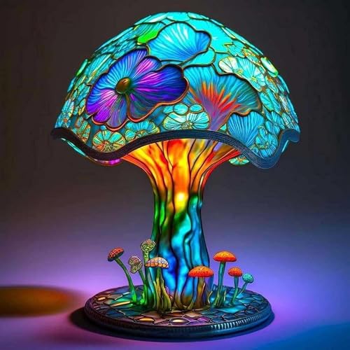 Small Stained Glass Resin Mushroom Table Lamp Y665812
