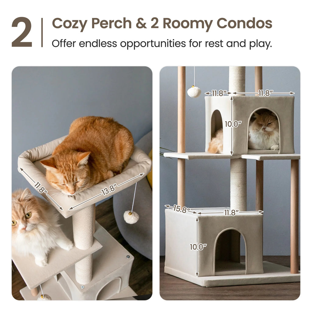 Beige Multi-Level Wood Cat Tree with 2 Condos and Perch Y966