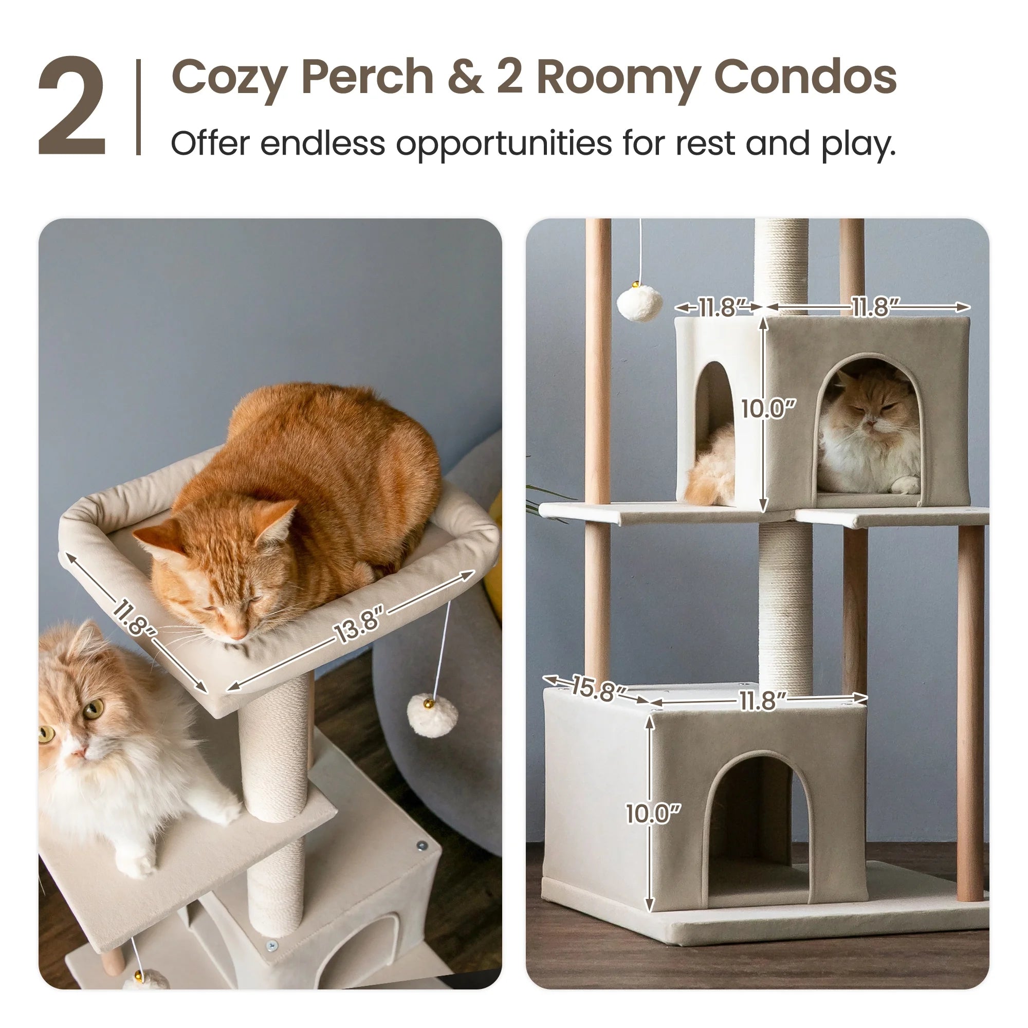 Beige Multi-Level Wood Cat Tree with 2 Condos and Perch Y966