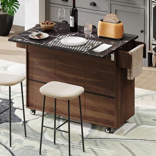 Walnut Brown Rolling Kitchen Island with Drop Leaf H208823