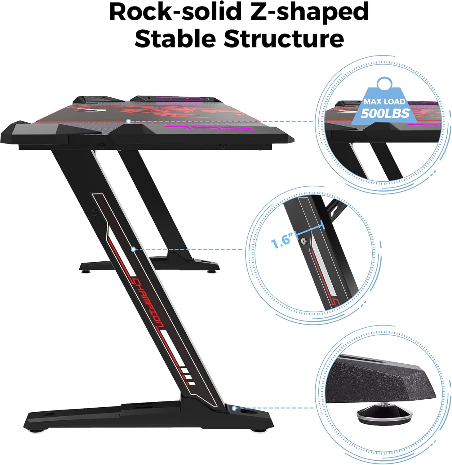 60 inch Z Shaped Gaming Desk with RGB LED Lights Z1896