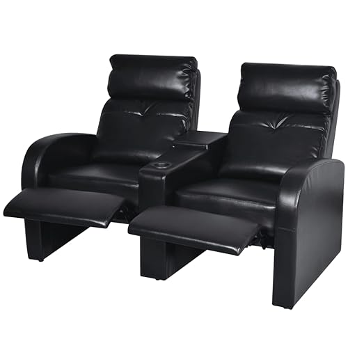 2-Seater Black Faux Leather Recliner Sofa with Cup Holder K448