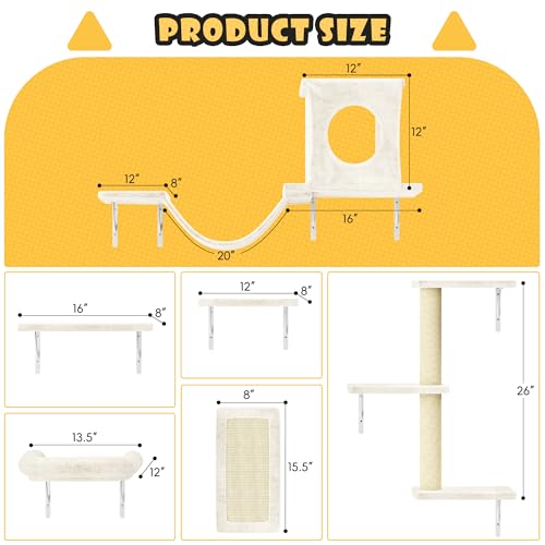 Gray 7 Pcs Cat Wall Shelves with House, Tunnel, Bridge, Steps, Scratcher, Hammock, Bed P73120