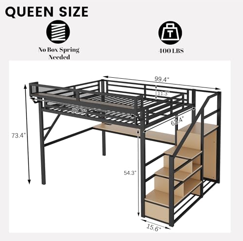 Black Full Size Loft Bed with Desk and Stairs, Steel Frame S894