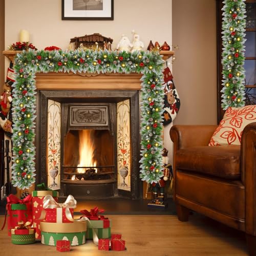 9FT Flocked Pre-Lit Artificial Garland with 30 LED Lights F904941