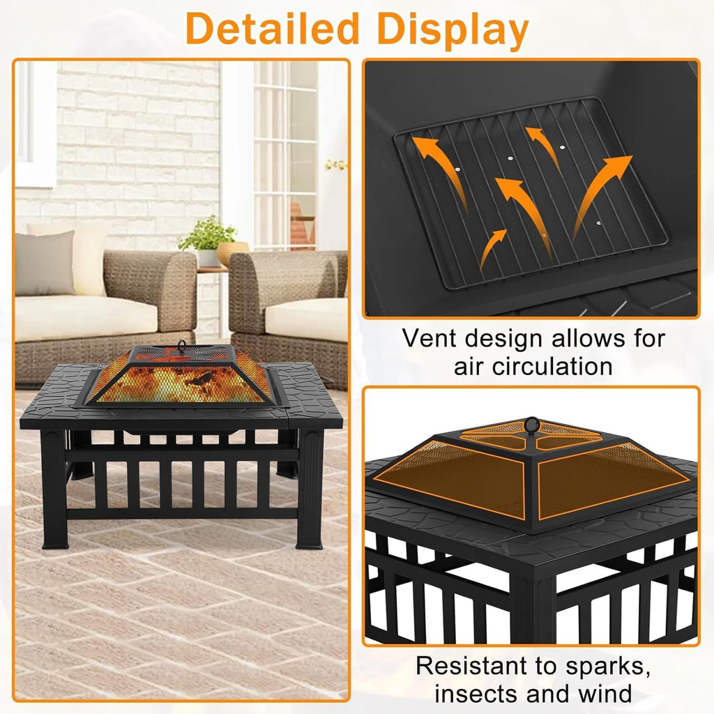 32in Square Black Metal Fire Pit F598905