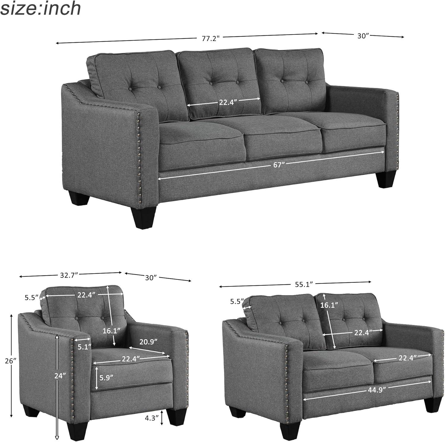 Retro Gray Linen Fabric 3 Piece Sofa Set Q666