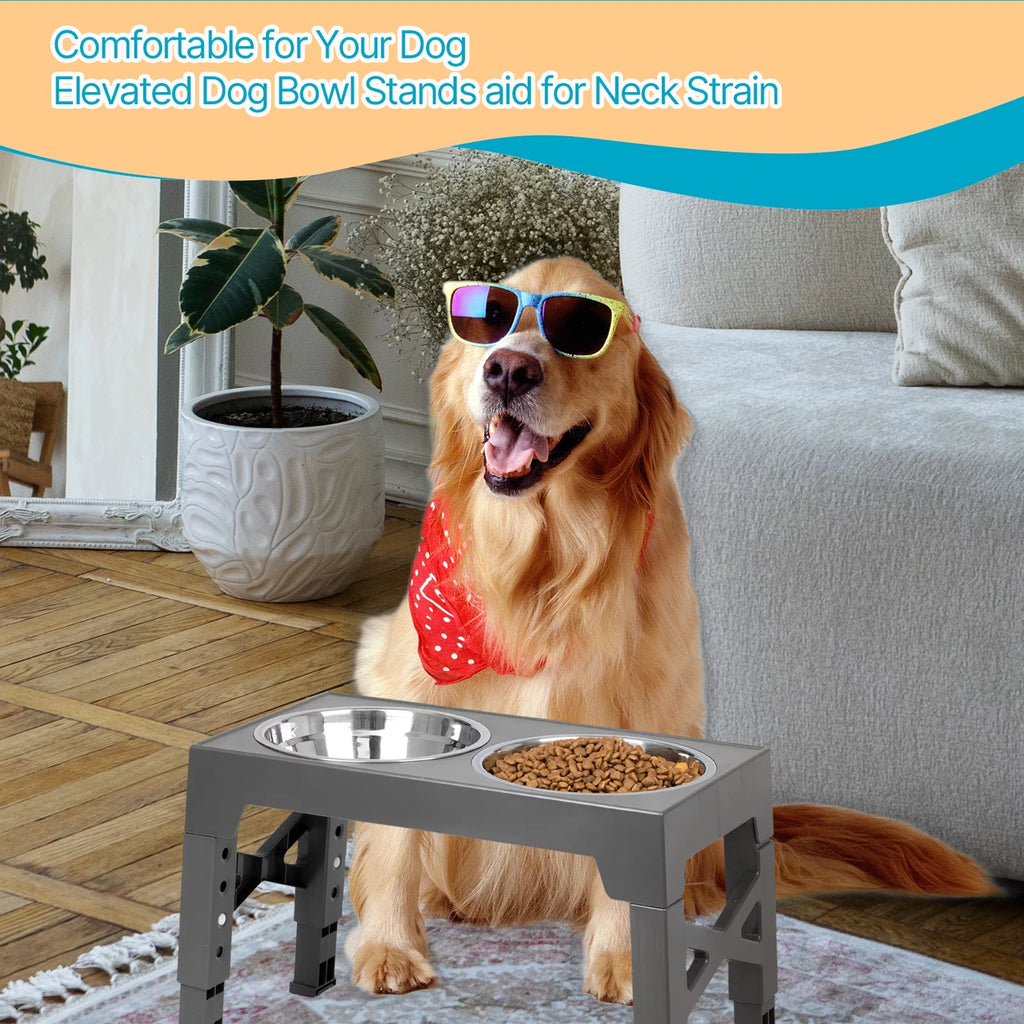 Elevated Dog Bowls Stand with 2 Stainless Steel Dishes, Raised Dog Bowl Adjusts to 5 Heights (Gray) E582