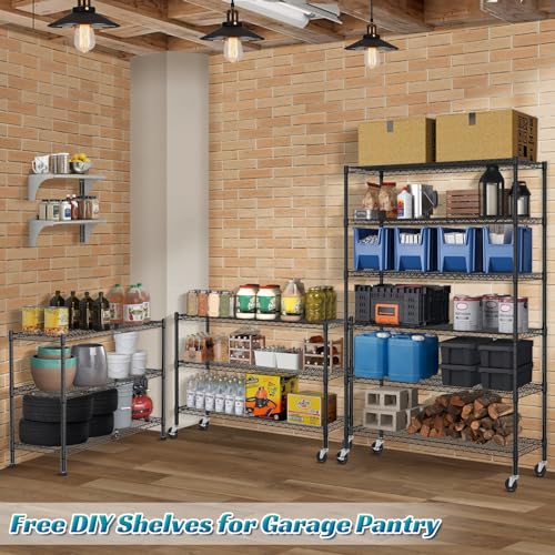 Black 6 Tier Steel Wire Shelving Unit with Wheels C784