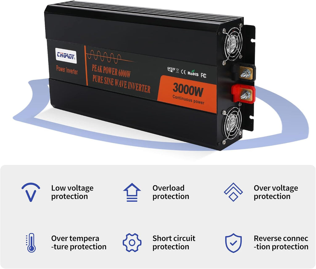 3000W Pure Sine Wave Power Inverter DC 12V to AC 120V with LCD Digital Display Remote Control USB Port Q28126