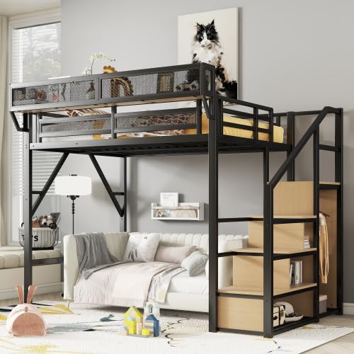 Black Full Size Loft Bed with Desk and Stairs, Steel Frame S894