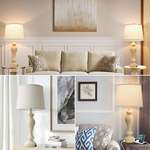 Set of 2 White Fabric Shade Table Lamps with 2 USB Ports, 3-Way Dimmable, 7W LED Bulbs H606575