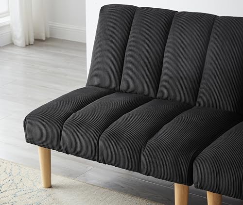 Blue Corduroy Convertible Futon Sofa Bed with Wooden Legs U254