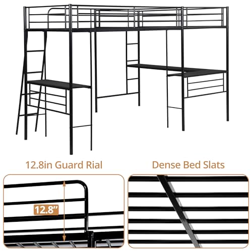 Black Twin Size L-Shaped Metal Loft Bed with 2 Built-in Desks and 2 Ladders A9827