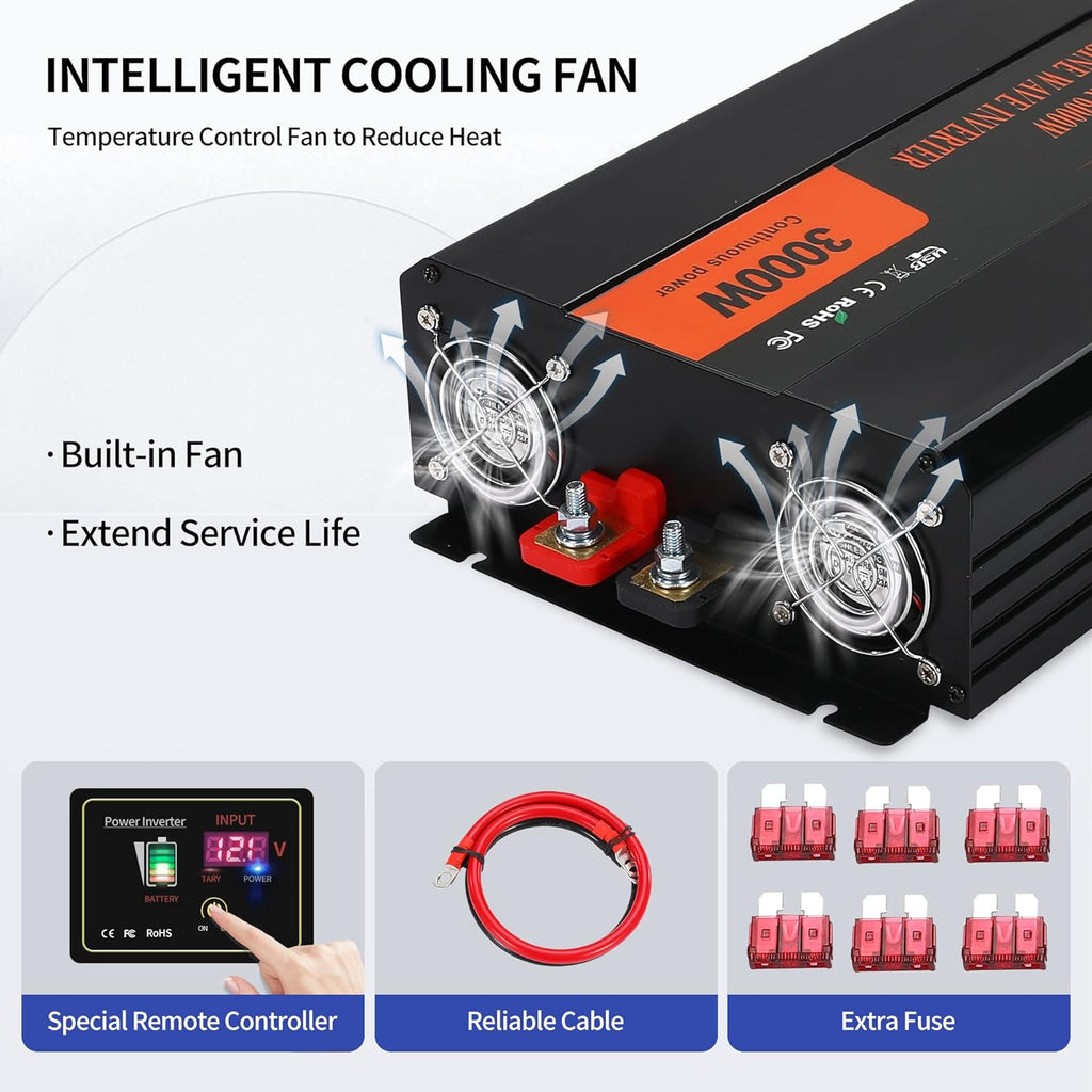 3000W Pure Sine Wave Power Inverter DC 12V to AC 120V with LCD Digital Display Remote Control USB Port Q28126
