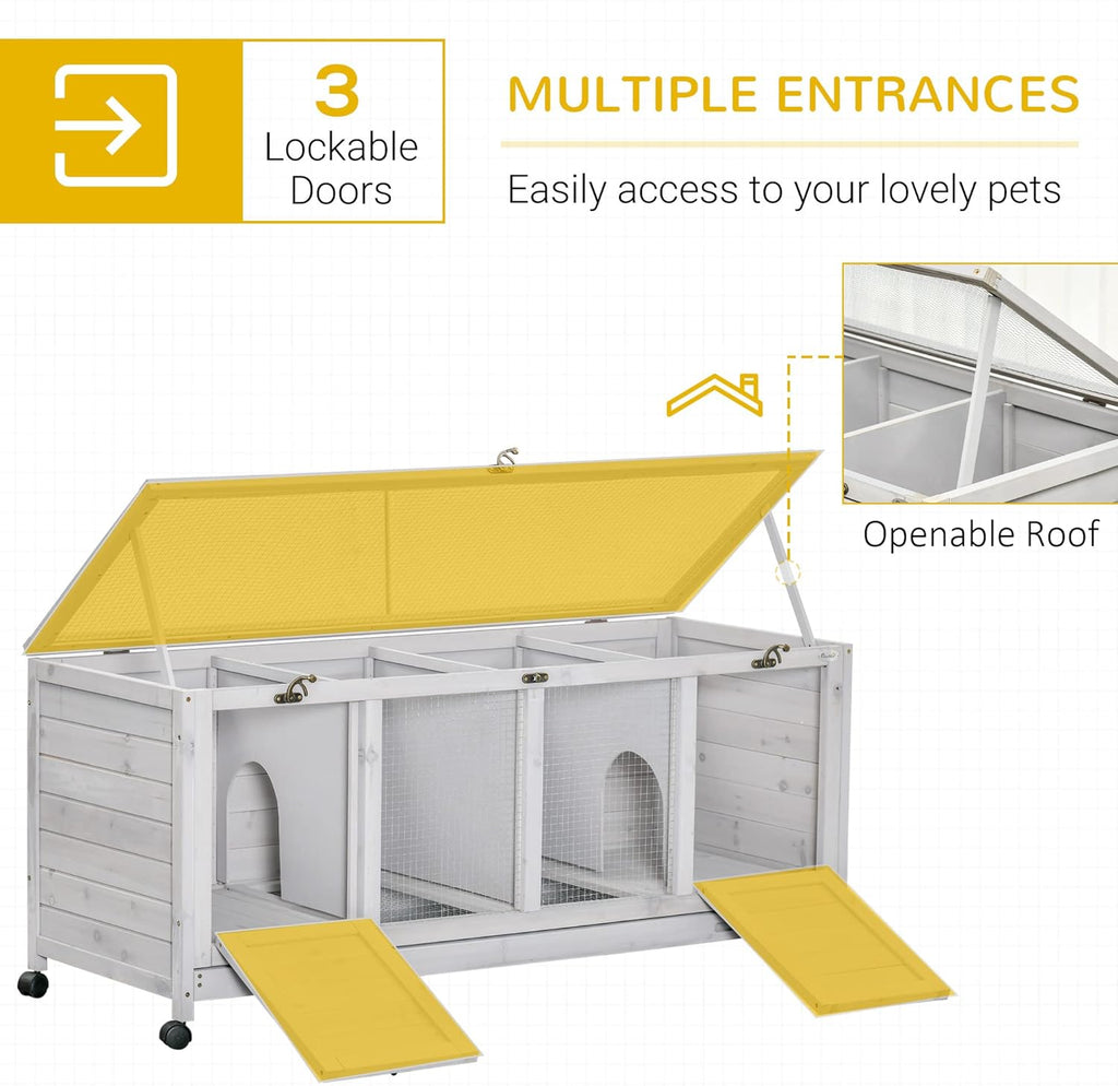 Light Gray Wooden Rabbit Hutch with Wheels and Removable Trays D2553