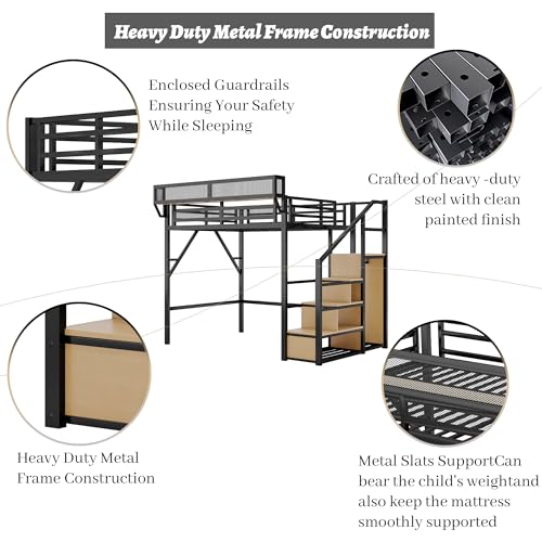 Black Full Size Loft Bed with Desk and Stairs, Steel Frame S894
