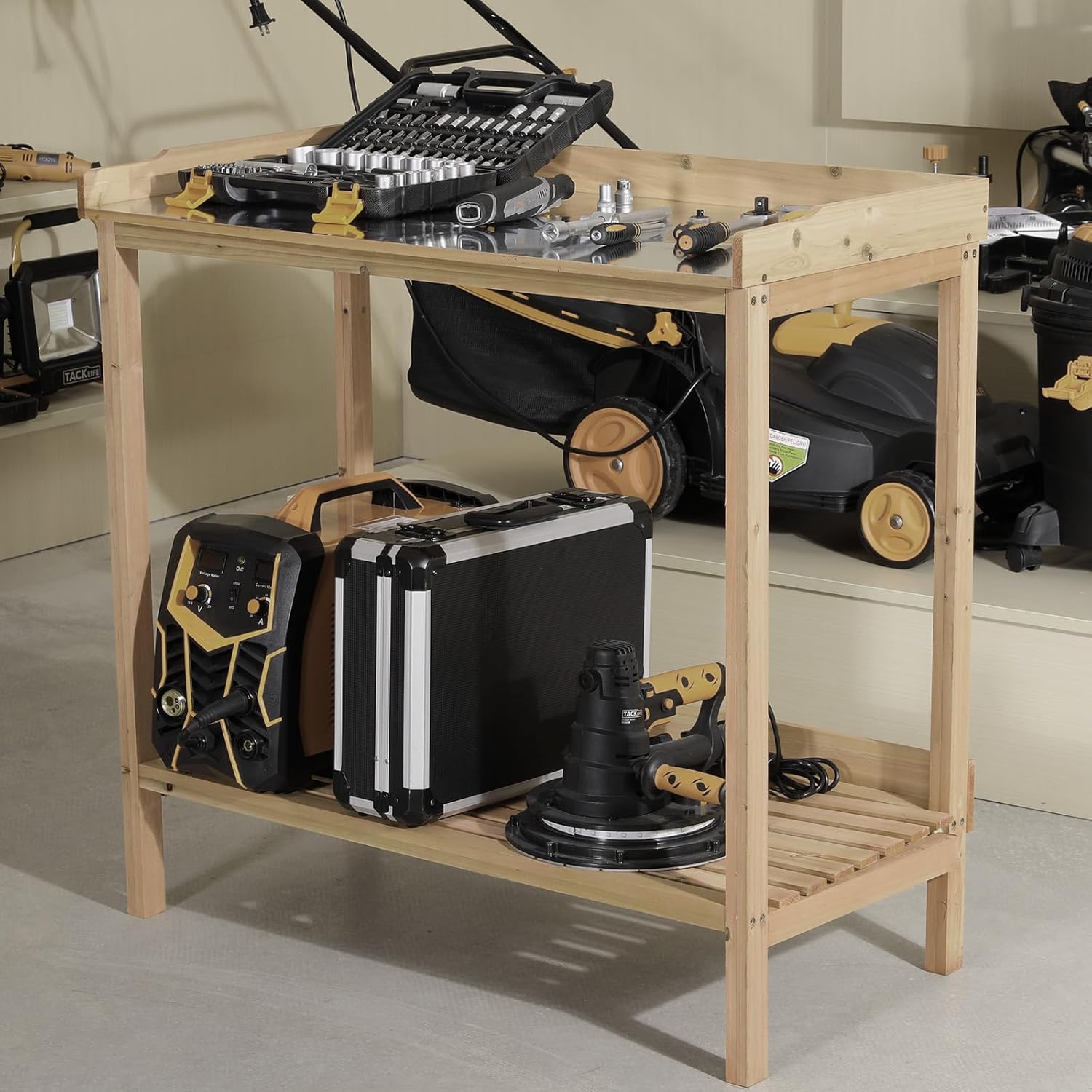 Natural Wood Potting Bench with Galvanized Iron Tabletop I853
