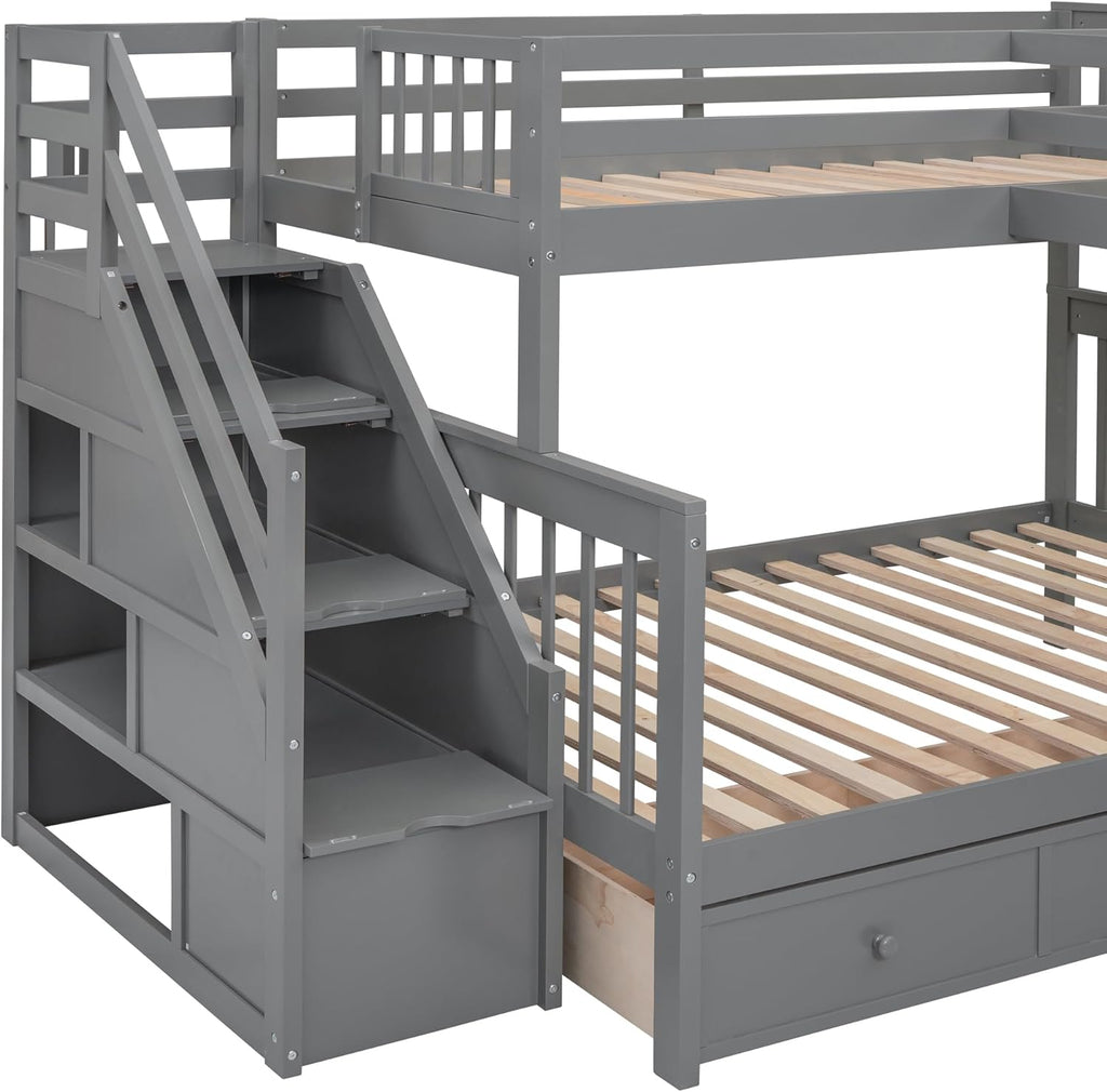 Gray Wooden Triple Bunk Bed with Desk, Storage Drawers, Stairs and Wardrobe B4761