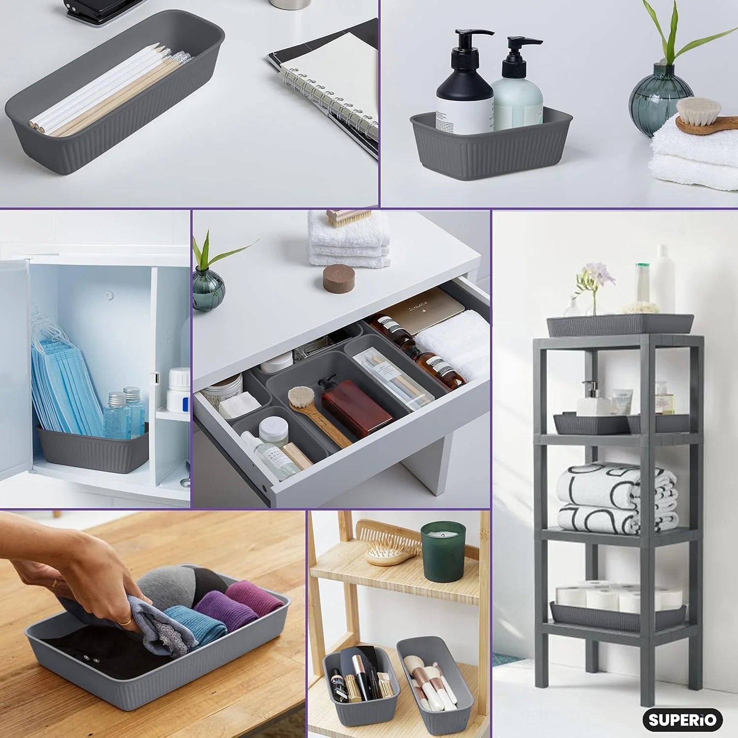 Grey Plastic Desk Drawer Organizer Tray Set of 4 Q35856