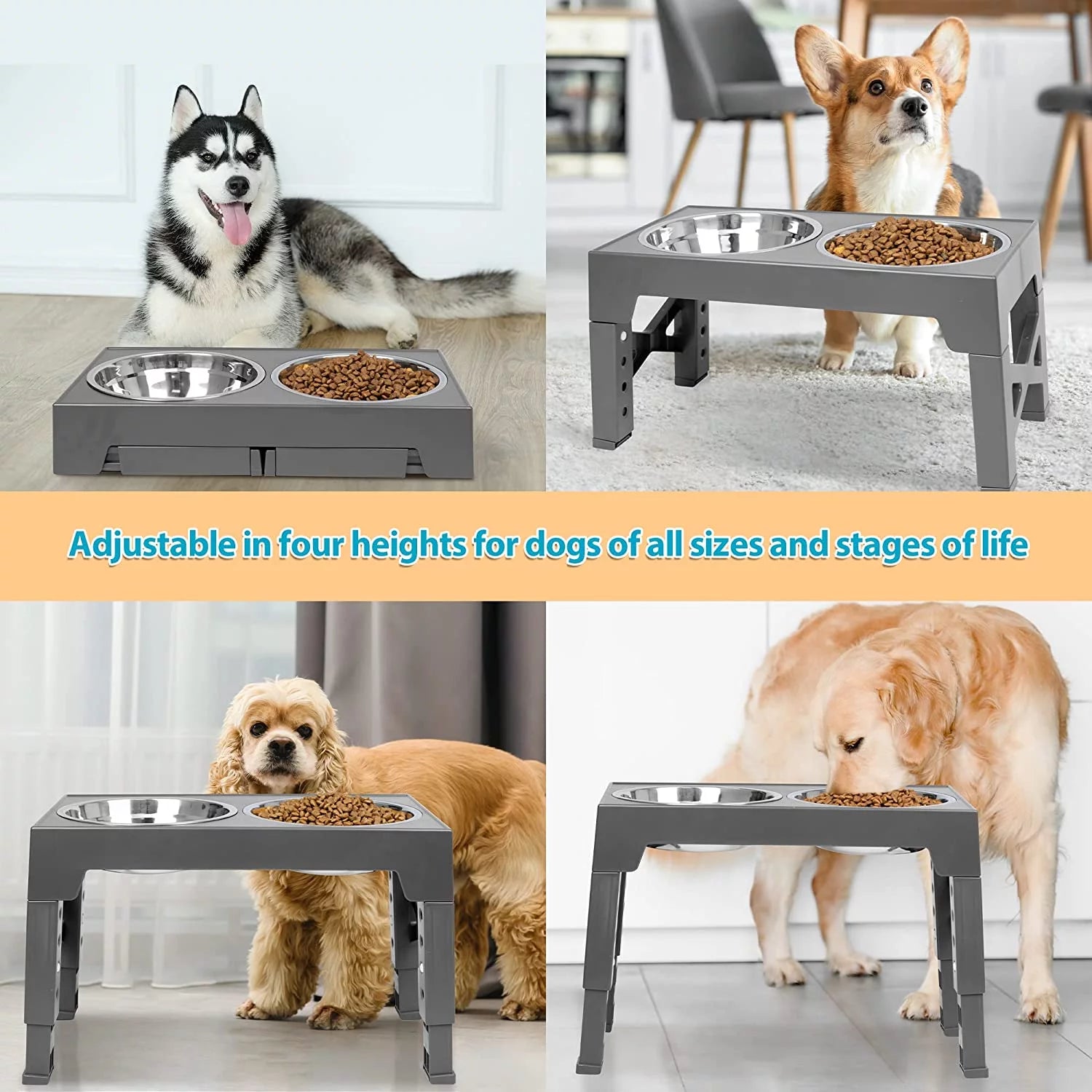 Elevated Dog Bowls Stand with 2 Stainless Steel Dishes, Raised Dog Bowl Adjusts to 5 Heights (Gray) E582