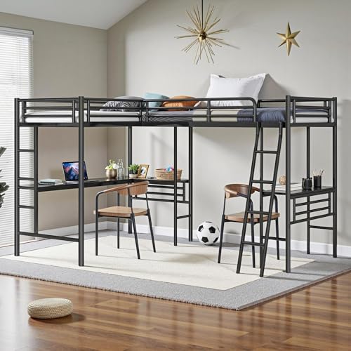 Black Twin Size L-Shaped Metal Loft Bed with 2 Built-in Desks and 2 Ladders A9827