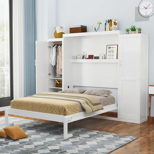 White Queen Size Foldable Platform Bed with 2 Wardrobe and Storage Shelf D68894